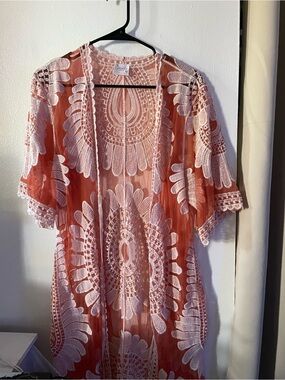 Sheer Coral Lace Kimono with White Embroidery